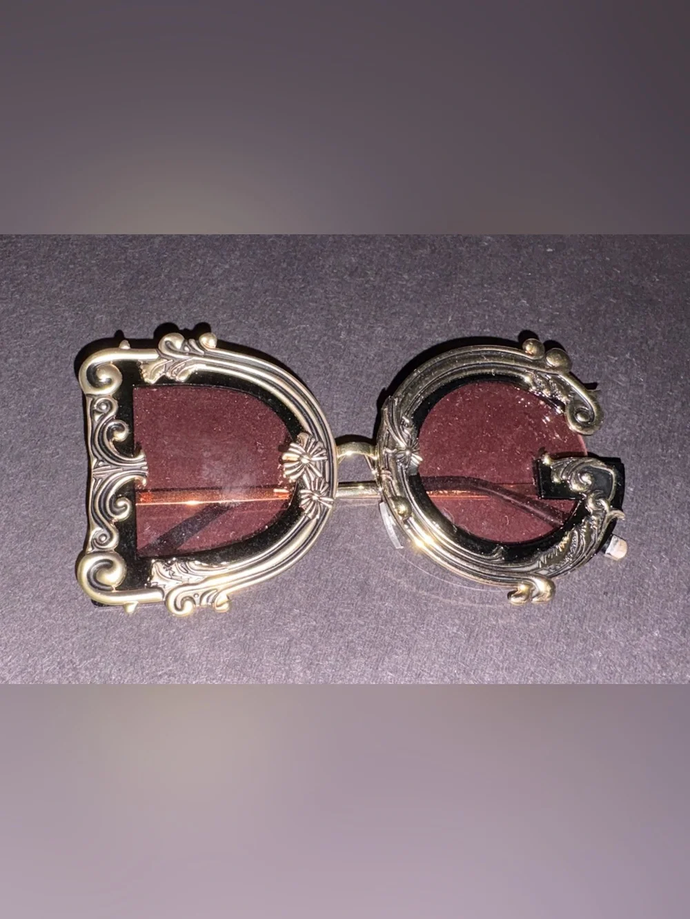 Dolce and Gahanna DG  Ornate Gold Frame Oval Sunglasses with Burgundy Lenses